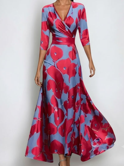 Women's Wrap Style Dress With 3/4 Sleeves-Jivoca