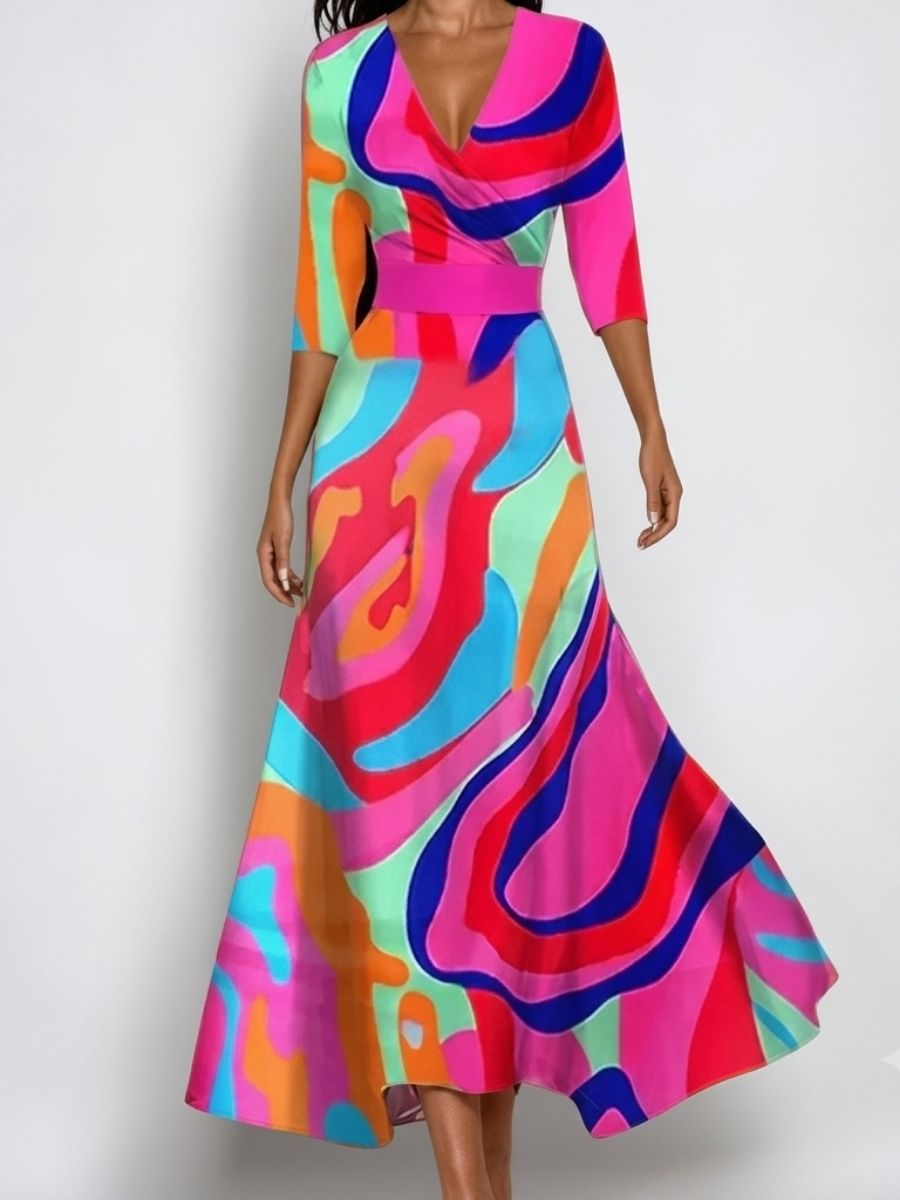 Women's Wrap Style Dress With 3/4 Sleeves-Jivoca